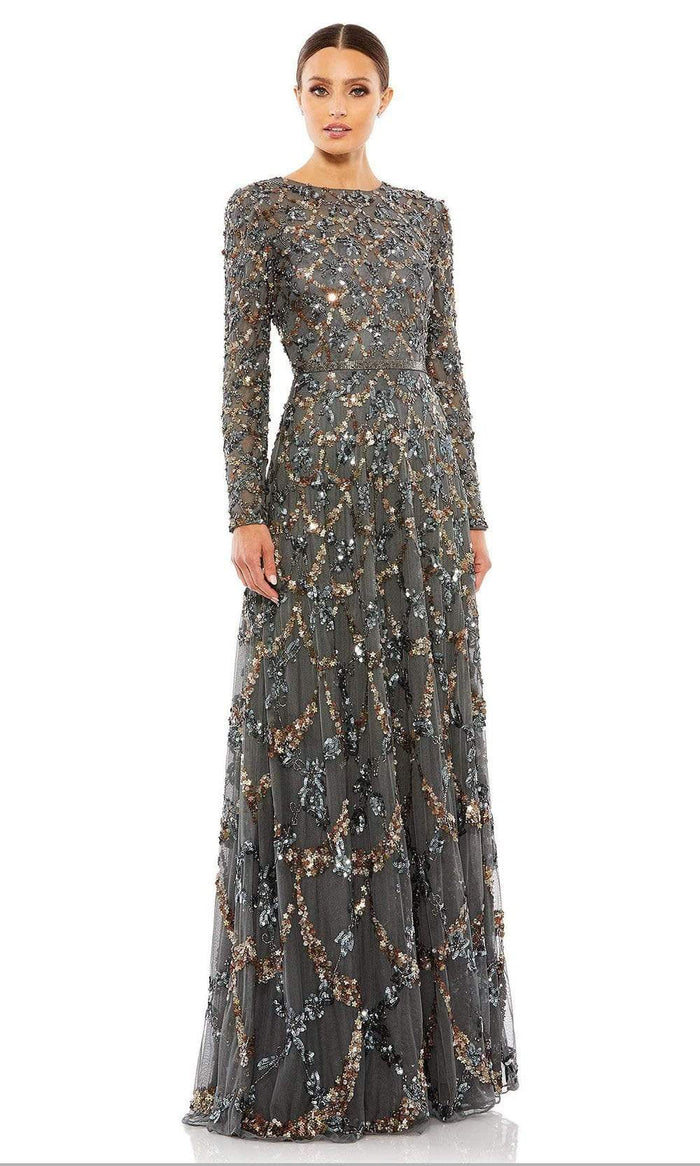 Mac Duggal - Gray Embellished Illusion High Neck Long Sleeve A Line Gown - US 24 Mac Duggal - Gray Embellished Illusion High Neck Long Sleeve A Line Gown - US 24