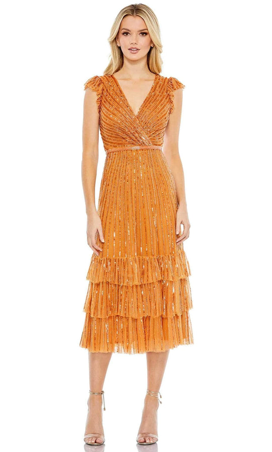 Mac Duggal 5585 - V-Neck Ruffled Cap Sleeve Knee-length Dress