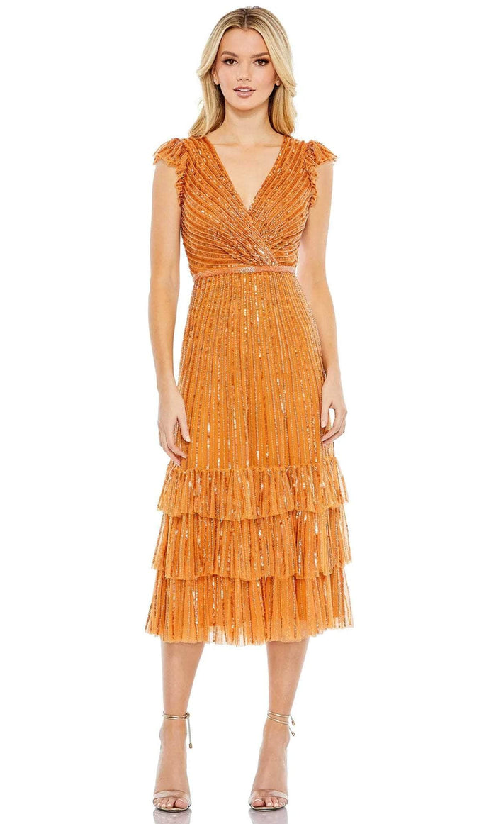 Mac Duggal 5585 - V-Neck Ruffled Cap Sleeve Knee-length Dress Holiday Dresses 0 / Burnt Orange