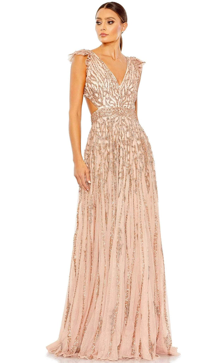 Mac Duggal 5682 - Crisscross Strap Sequined Long Gown Prom Dresses 0 / Apricot