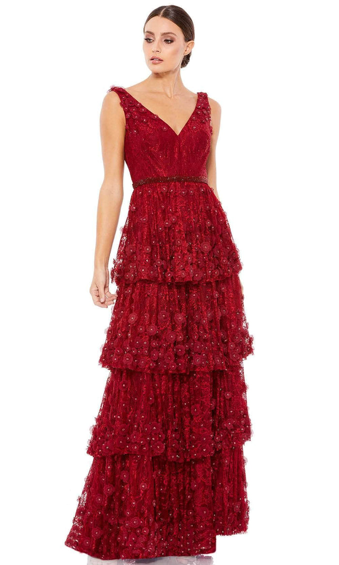 Mac Duggal 67710 - V-Neck Floral Tiered Evening Gown Special Occasion Dress 2 / Burgundy