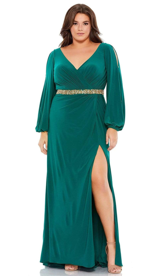 Mac Duggal - 67747 Long Split Sleeve V Neck Dress Evening Dresses 12W / Emerald Green
