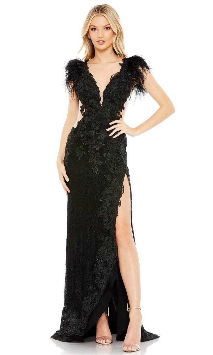 Mac Duggal 67782 - Feather and Floral Evening Gown Prom Dresses 0 / Black