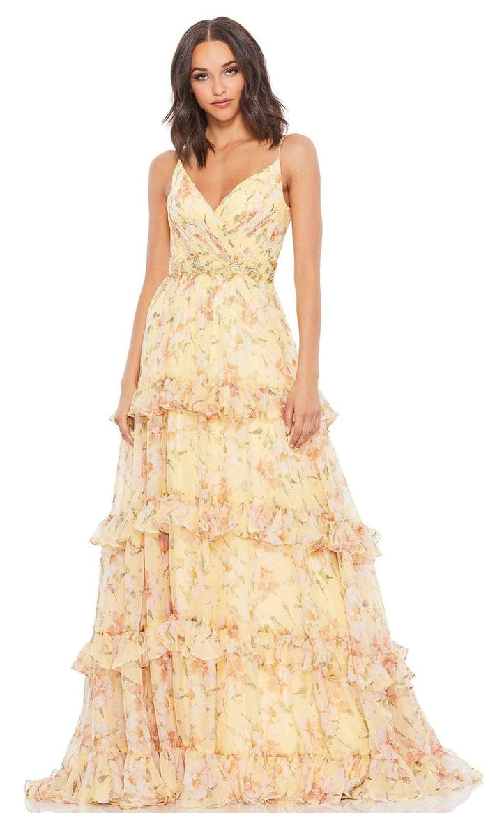 Mac Duggal - 67794 Floral Printed A-Line Tiered Dress Prom Dresses 0 / Lemon
