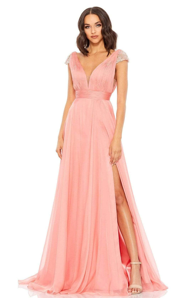 Mac Duggal - 67811 Beaded Sleeve Chiffon Slit Dress Prom Dresses 0 / Coral