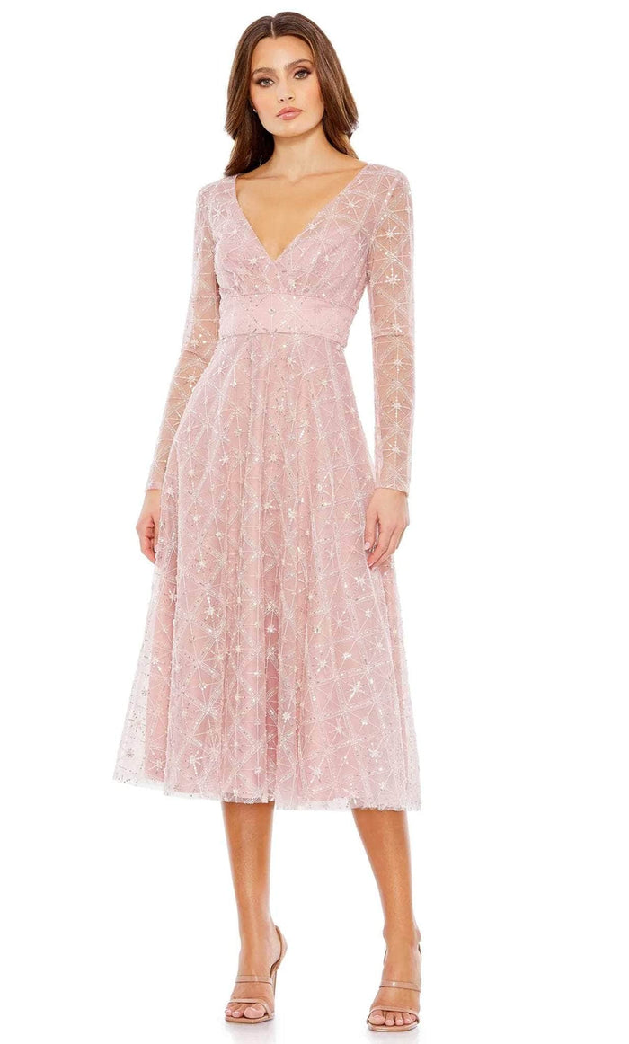 Mac Duggal 68003 - Shimmer Long Sleeve Tea Length Dress Cocktail Dresses 0 / Rose