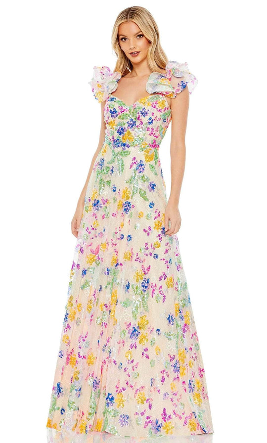 Mac Duggal 68068 - Floral Lace Sequined Ruffled Sleeve Gown