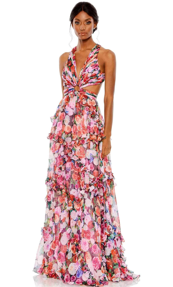 Mac Duggal 68076 - Floral Printed Crossed Back Long Dress Evening Dresses 0 / Multi