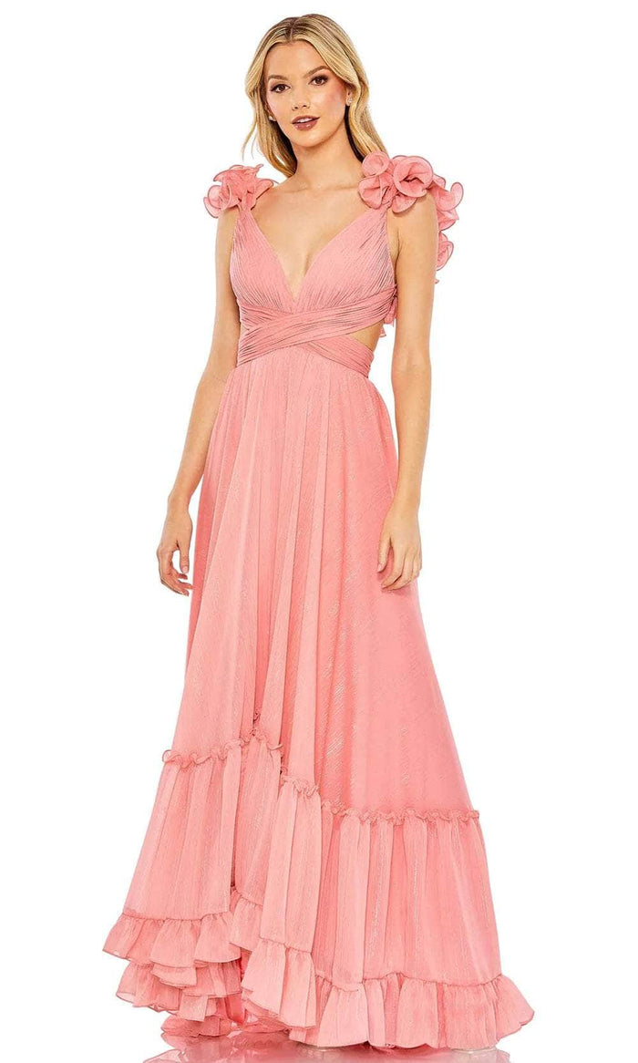 Mac Duggal 68094 - Ruffled Shoulder Flowy Crisscross Dress Prom Dresses 0 / Coral