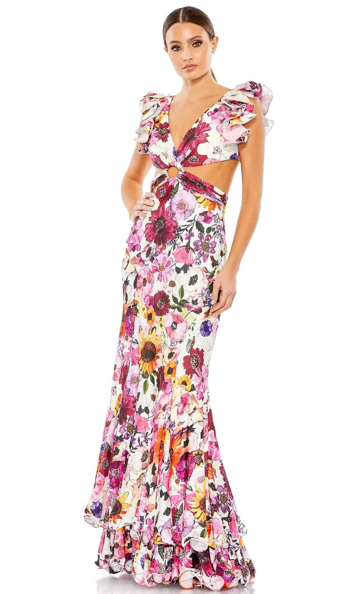 Mac Duggal 68107 - Ruffled Sleeve Floral Printed Dress Prom Dresses 0 / White Multi