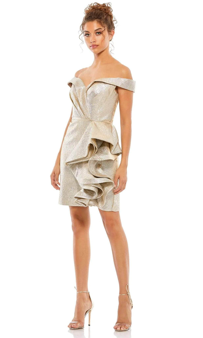 Mac Duggal 68325 - Short Off Shoulder Metallic Dress Cocktail Dresses 0 / Oyster
