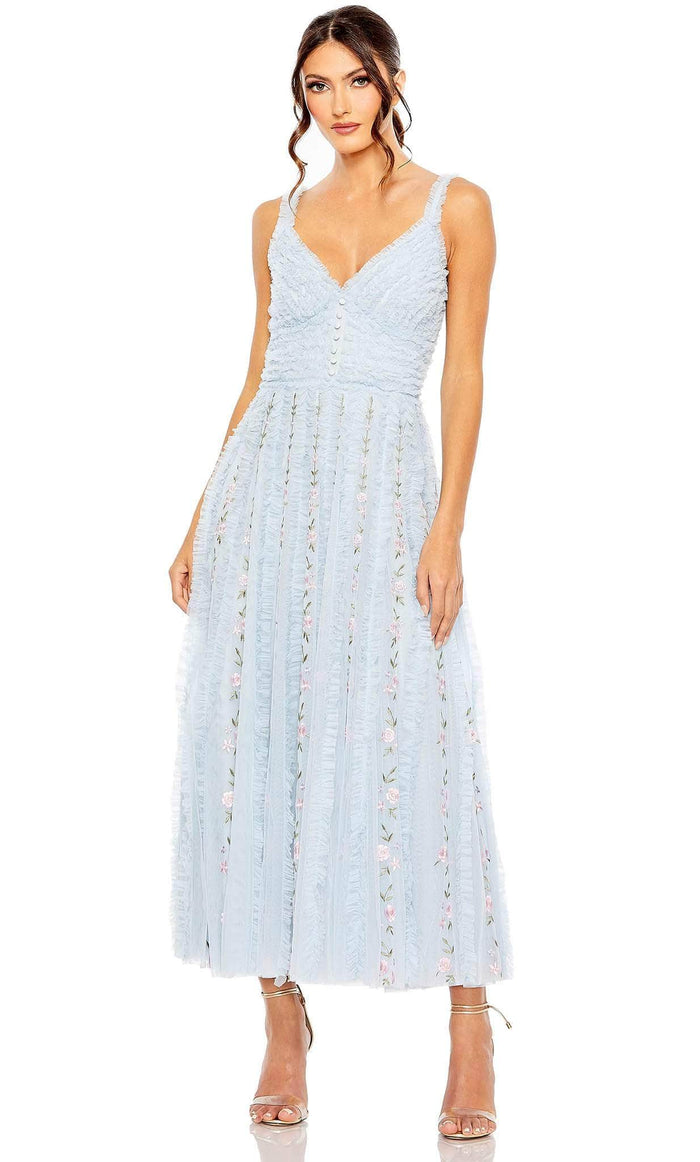 Mac Duggal 8027 - V-Neck Ruffle Embroidered Midi Dress Holiday Dresses 0 / Blue Multi