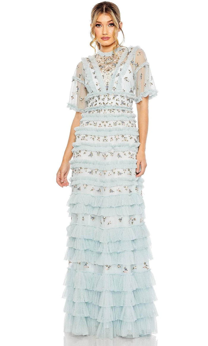Mac Duggal 8033 - Short Sleeve Floral Embroidered Formal Dress Evening Dresses 0 / Blue Multi