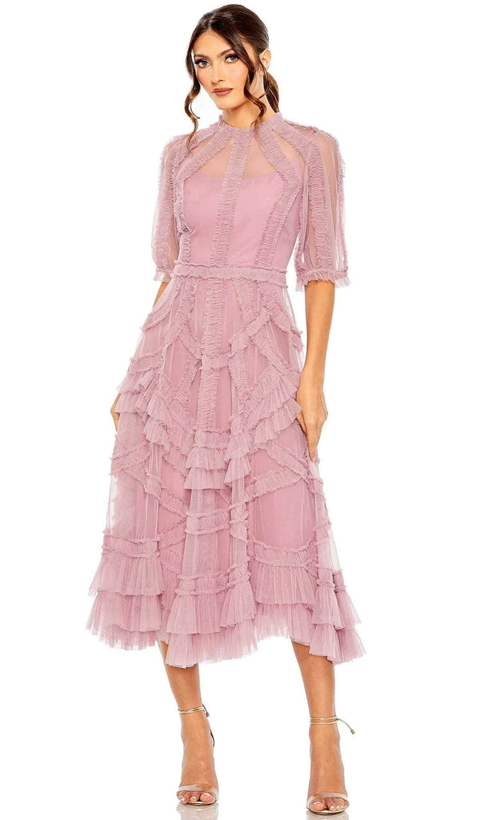 Mac Duggal 8058 - High Neck Ruffled Tea Length Dress Holiday Dresses 2 / Antique Rose