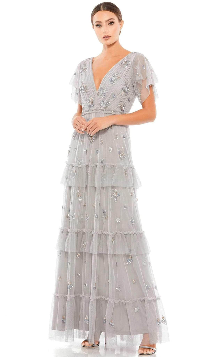Mac Duggal 9068 - Sheer Sleeve V-Neck Prom Dress Prom Dresses 0 / Platinum