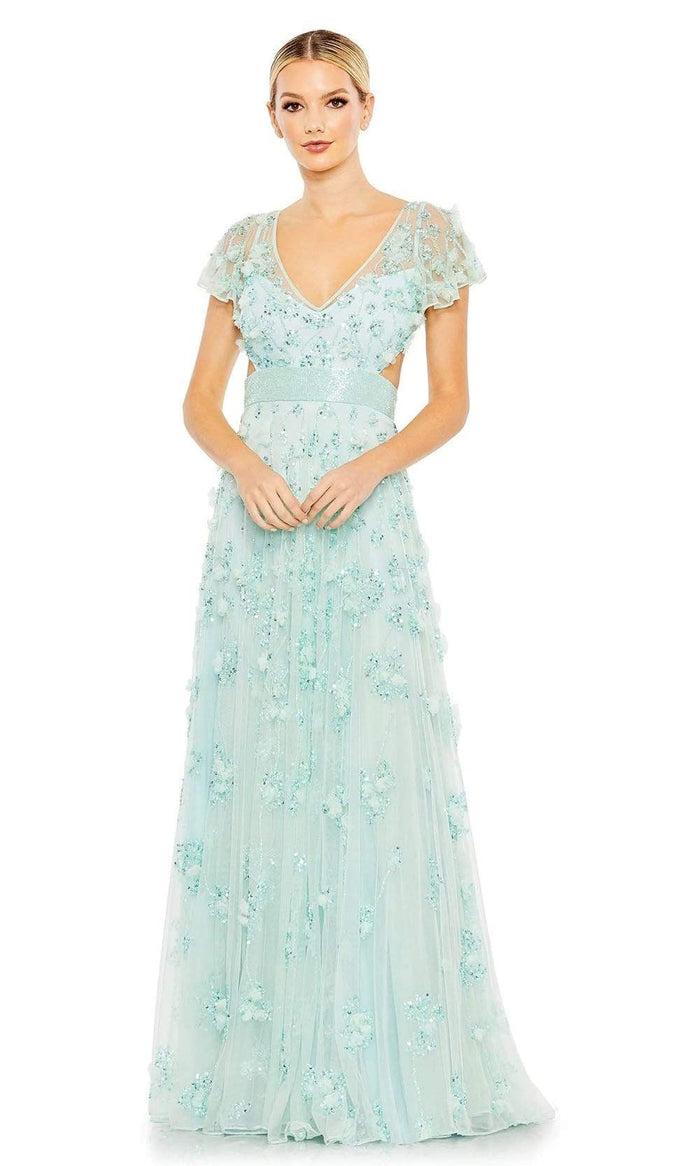 Mac Duggal - 93692 Deep V-Neck Floral Appliqued Gown Evening Dresses 0 / Aqua