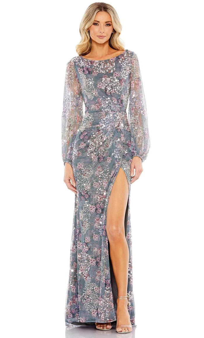 Mac Duggal 93750 - Floral Printed Sequin Formal Slit Gown Evening Dresses 2 / Grey Multi
