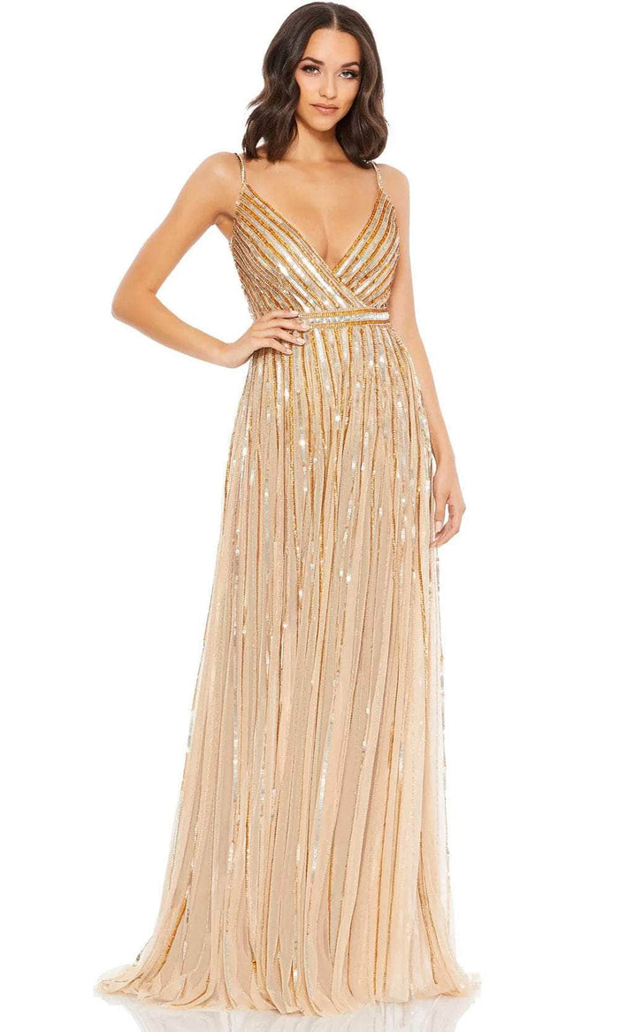 Mac Duggal 93801 - Sequined V-Neck Evening Dress Prom Dresses 0 / Nude Gold