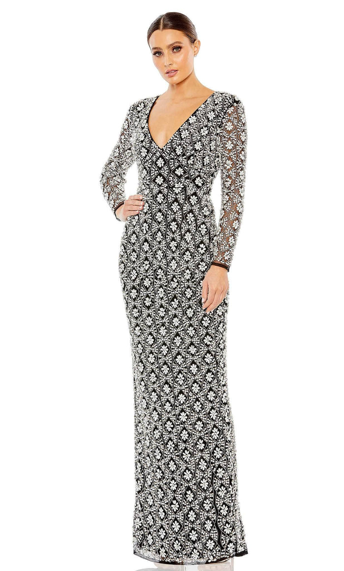 Mac Duggal 93808 - Rhinestone Floral Embellished Gown Evening Dresses 4 / Black Silver
