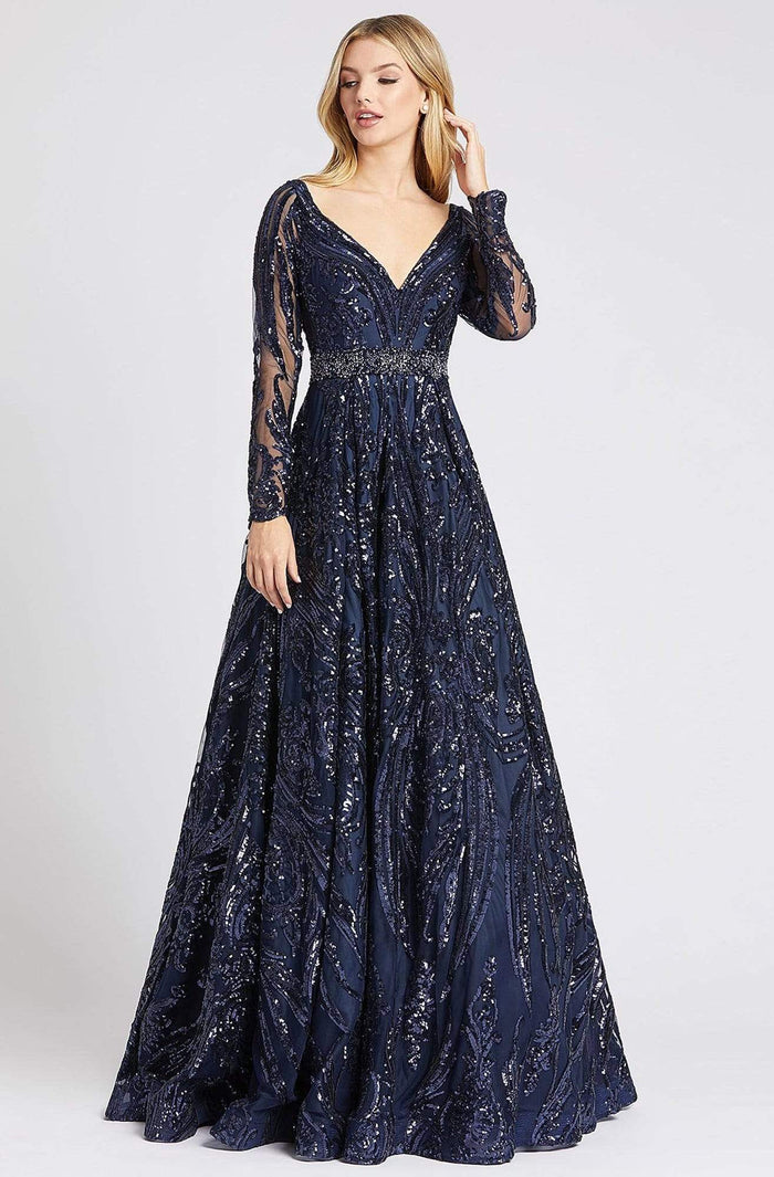 Mac Duggal Ballgowns - 67113H Embellished Long Sleeve V-neck Ballgown Ball Gowns 0 / Midnight Blue
