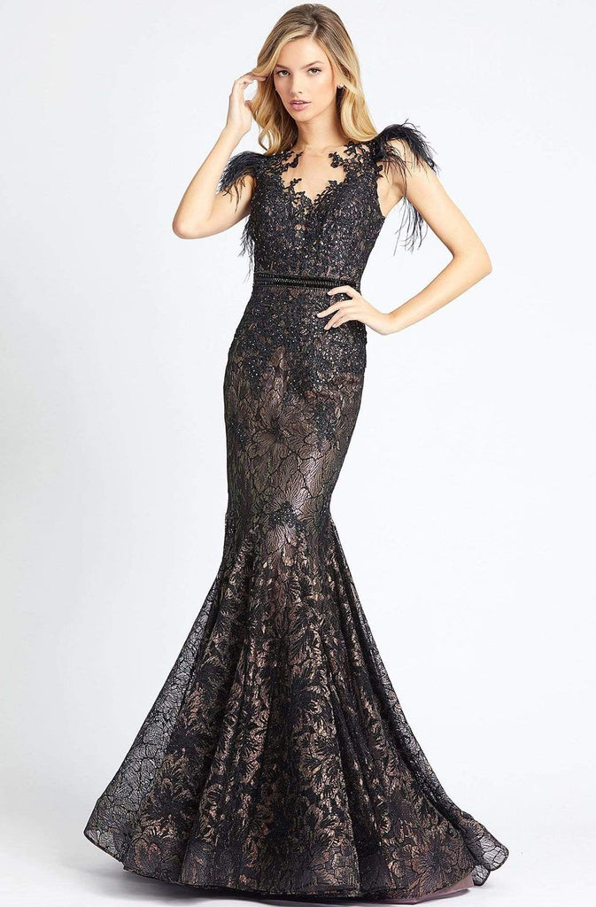 Mac Duggal Women's Embellished Feather Cap Sleeve Illusion Neck Trumpet Gown - Black - Size 6 Mac Duggal Women's Embellished Feather Cap Sleeve Illusion Neck Trumpet Gown - Black - Size 6