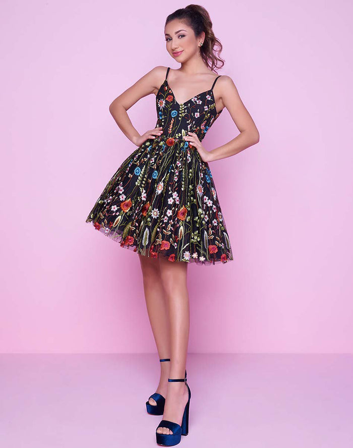 Mac Duggal - Colorful Floral Short Dress 30495N - 1 pc Black Multi kin Size 2 Available CCSALE 8 / Black Multi