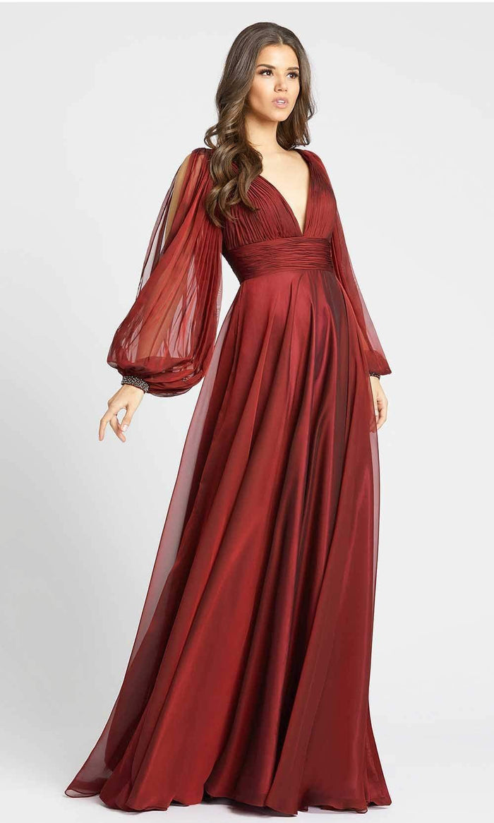 Mac Duggal Evening - 67414D Split Long Sleeve Deep V-Neck Gown Evening Dresses 2 / Garnet