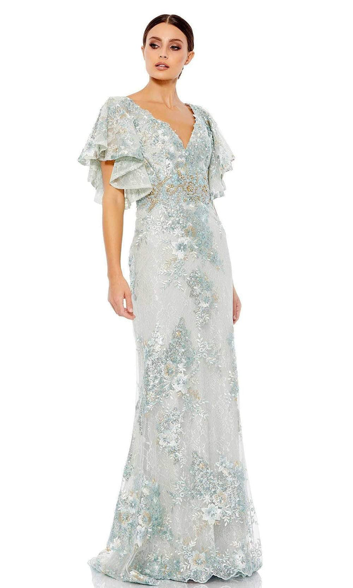 Mac Duggal Evening - 67842D Floral Lace Bell Sleeve Long Dress Evening Dresses 4 / Seafoam