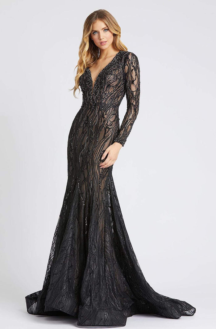 Mac Duggal Evening - 79291D Long Sleeve Sheer Laced Long Dress Mother of the Bride Dresses 0 / Black / Nude