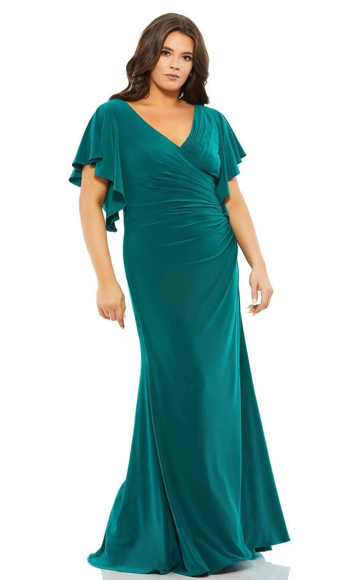 Mac Duggal Fabulouss - 49505F V Neck Ruched Fitted Dress Evening Dresses 14W / Emerald