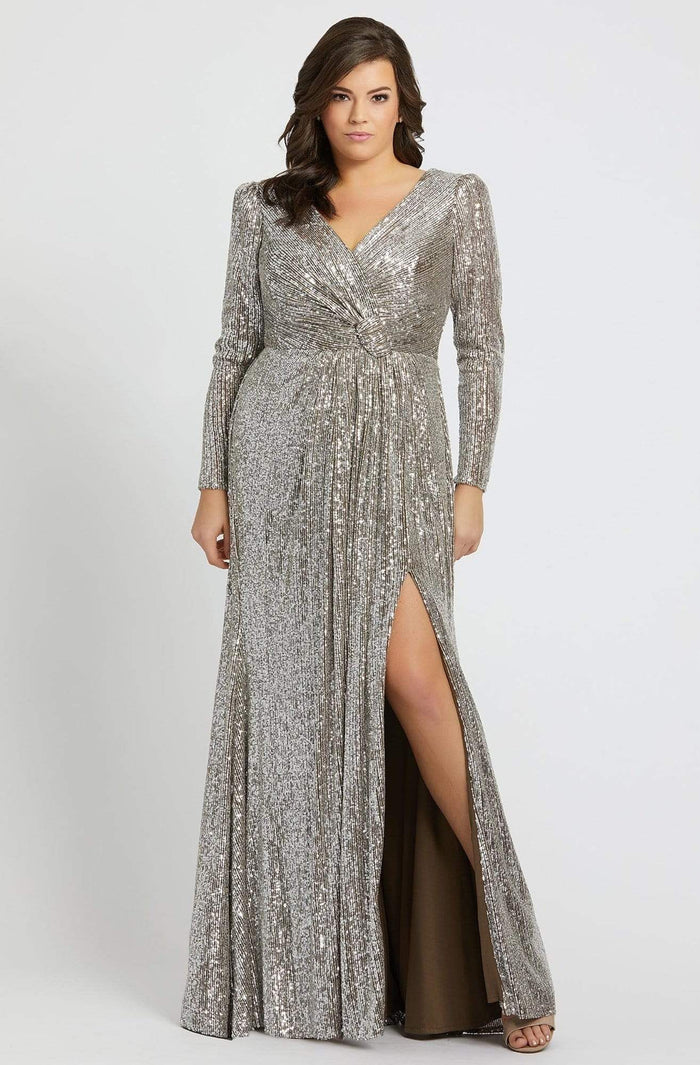 Mac Duggal Fabulouss - 77676F Sequined Long Sleeves Slit Gown Prom Dresses 14W / Silver