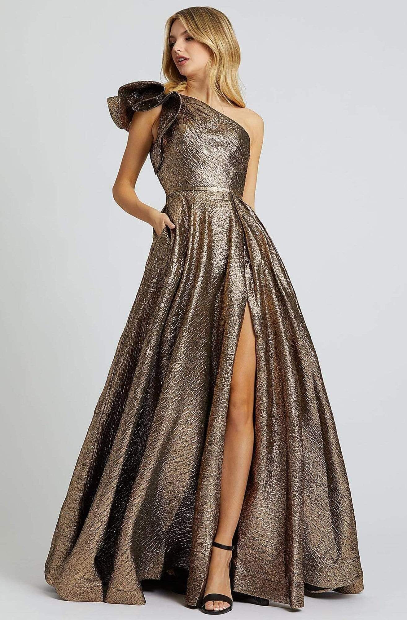 Mac Duggal One-Shoulder Metallic Ball Gown - Antique Bronze - Size 6 Mac Duggal One-Shoulder Metallic Ball Gown - Antique Bronze - Size 6