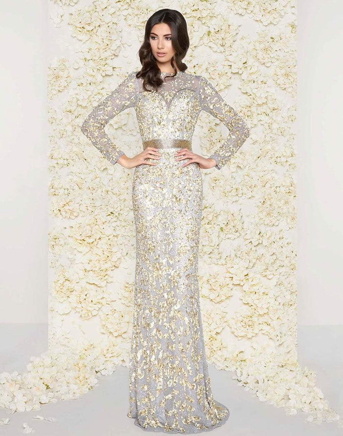 Mac Duggal - Sequined Mesh Lace Gown 4316D - 1 pc Platinum/Gold in Size 10 Available CCSALE 10 / Platinum/Gold