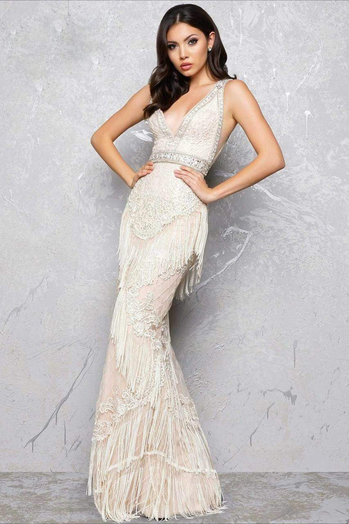 Mac Duggal Sleeveless V-Neck Fringed Evening Gown 50404D CCSALE 6 / Ivory/Nude