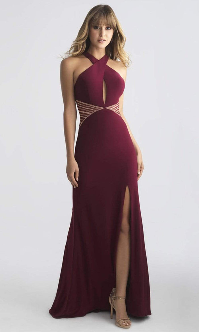 Madison James - 18-661 Fitted Halter Neck Keyhole Cutout Evening Dress - 1 pc Wine in Size 00 Available CCSALE 00 / Wine