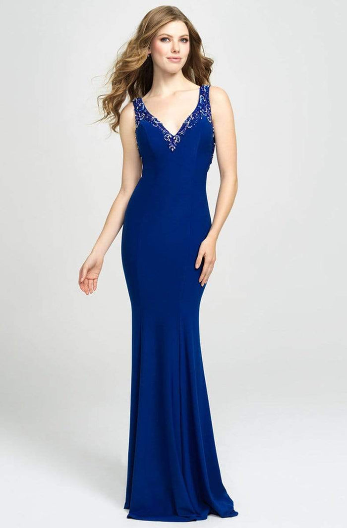 Madison James - Beaded Plunging V-Neck High Slit Gown 19-150 - 1 pc Royal In Size 12 Available CCSALE 12 / Royal
