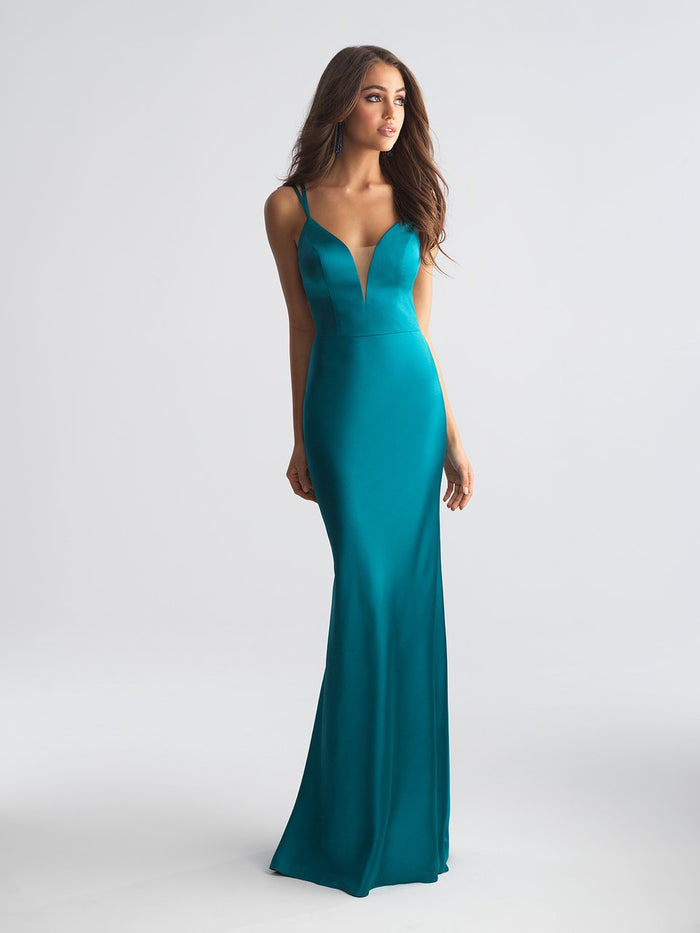 Madison James - Deep V-neck Stretch Satin Sheath Dress 18-723 - 2 pcs Teal In Size 6 and 8 Available CCSALE 4 / Teal