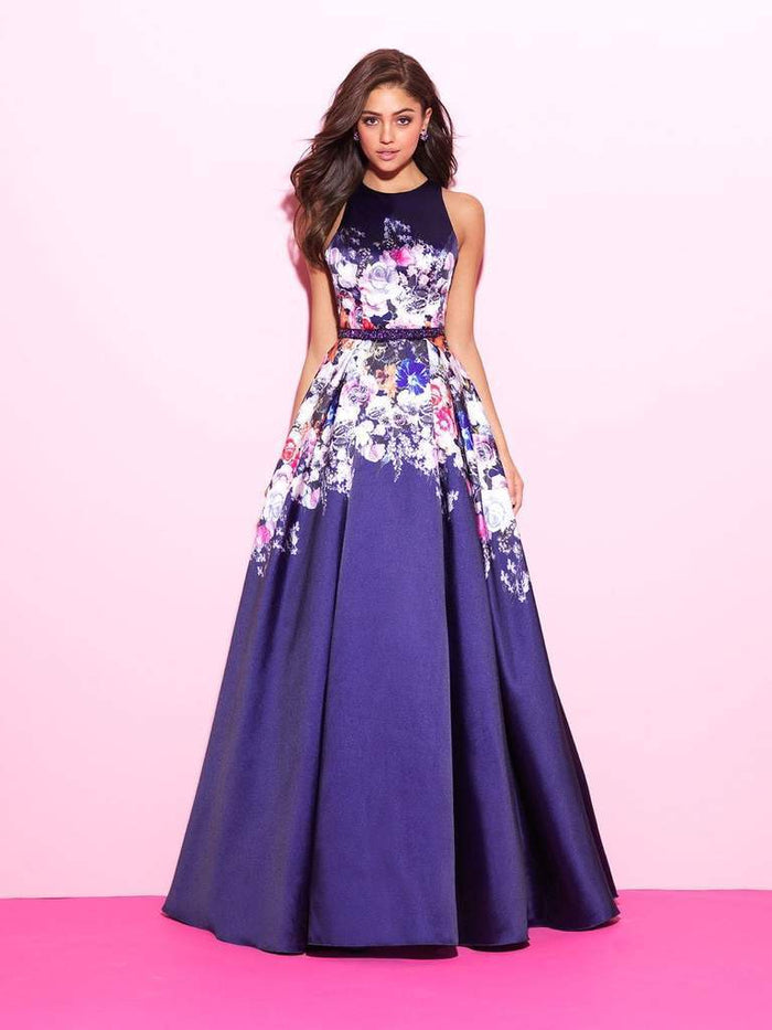 Madison James - Floral Printed Pleated Evening Dress 17-299 - 1 pc Nv In Size 10 Available CCSALE 10 / Nv
