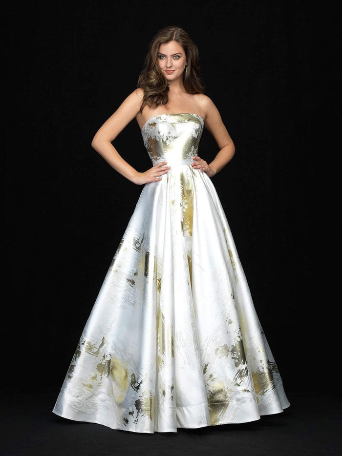 Madison James - Metallic Print Straight Neck Ballgown 18-721 - 1 pc Navy/Gold In Size 10 Available CCSALE 6 / White/Gold