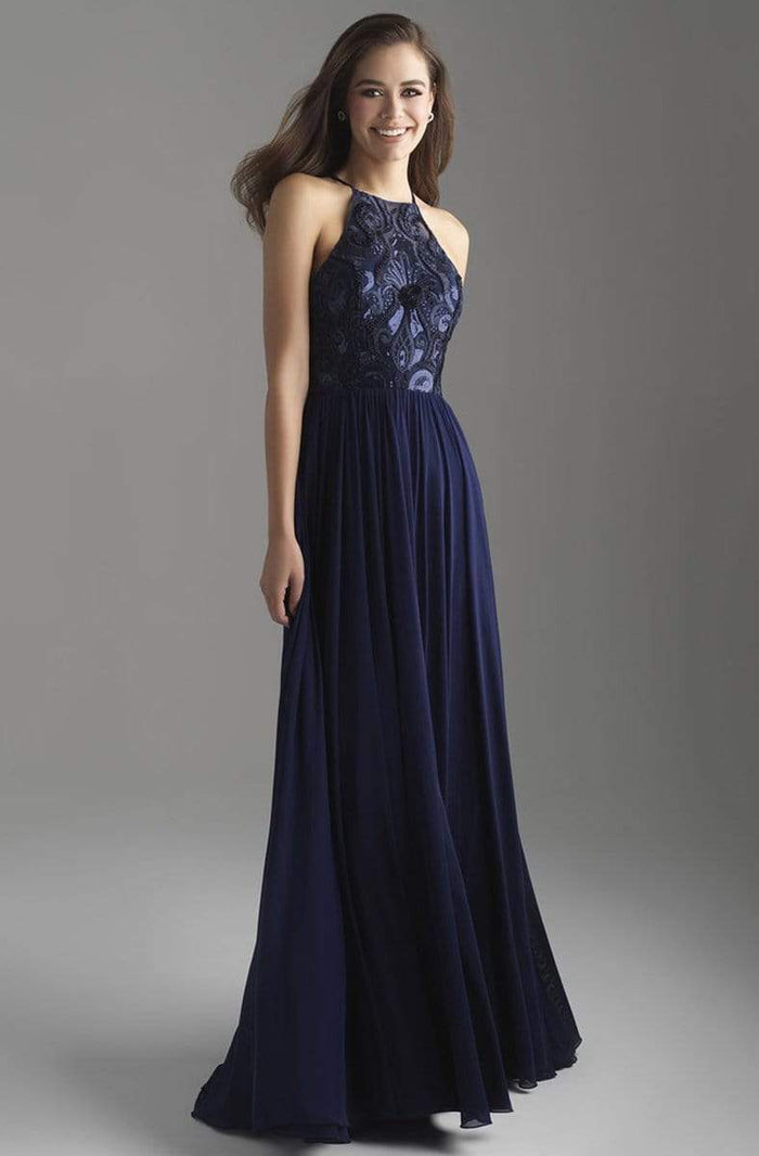 Madison James Sequin Embroidered Halter A-Line Evening Gown 18-605 - 1 pc Navy In Size 2 Available CCSALE 2 / Navy