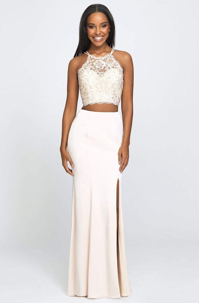 Madison James - Two-Piece Beaded Illusion Halter Gown with Slit 19-201 - 1 pc Champagne In Size 02 Available CCSALE 2 / Champagne
