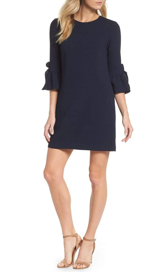 Maggy London - G3079M Flounce Quarter Sleeve Column Mini Shift Dress Wedding Guest 0 / Dark Navy