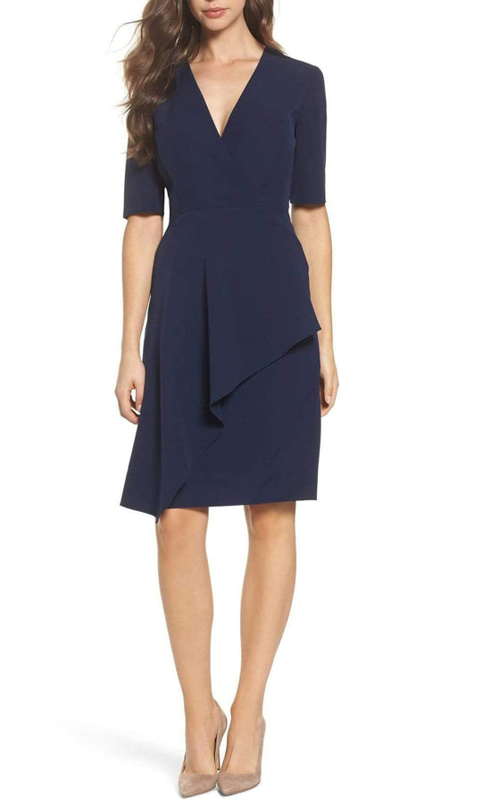 Maggy London - G3278M Elbow Sleeve Ruffle Wrap Sheath Dress Graduation Dresses 0 / Dark Navy