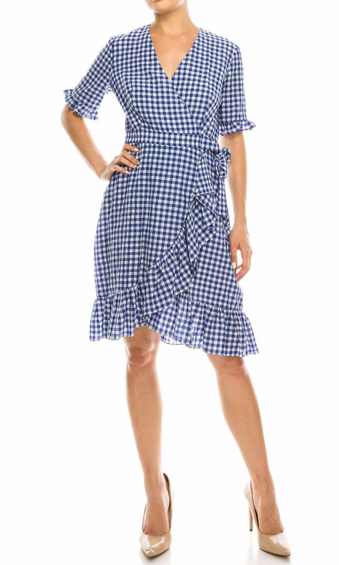 Maggy London - G3958M Gingham Print Ruffle Trimmed Dress Holiday Dresses 0 / Blue White