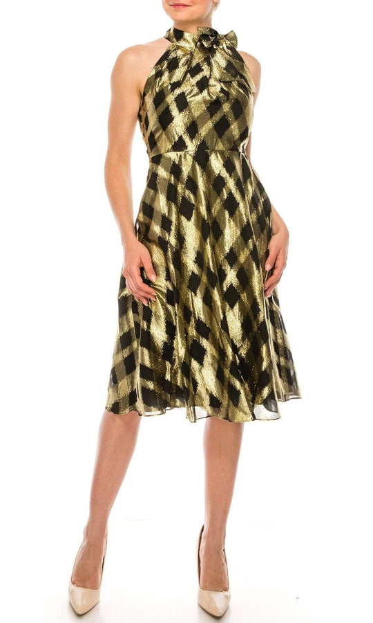 Maggy London - G4749M High Halter A-Line Knee-Length Dress Wedding Guest 0 / Black Gold
