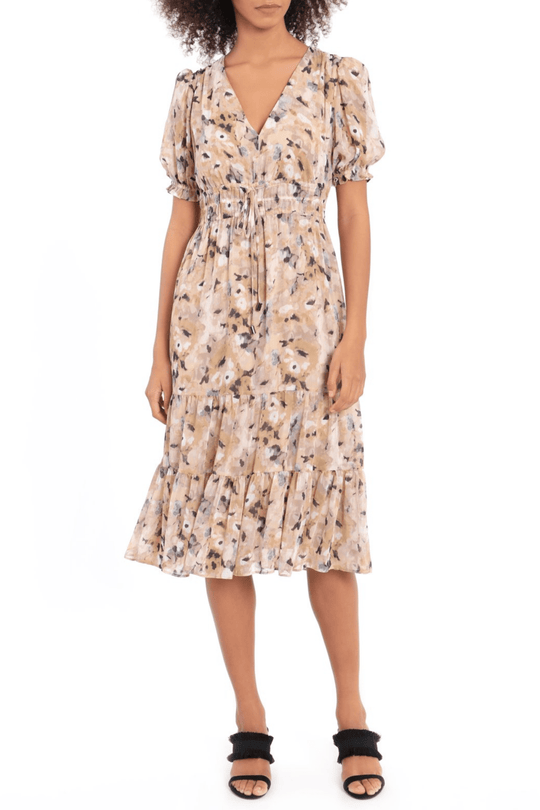 Maggy London G4843M - Short Puffed Sleeves V-Neck Casual Dress Special Occasion Dress