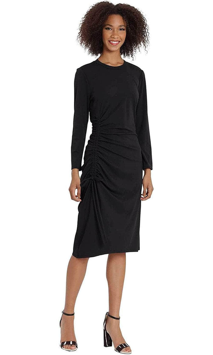 Maggy London G5024M - Ruched Side Long Sleeved Tea-Length Dress Special Occasion Dress 2 / Black