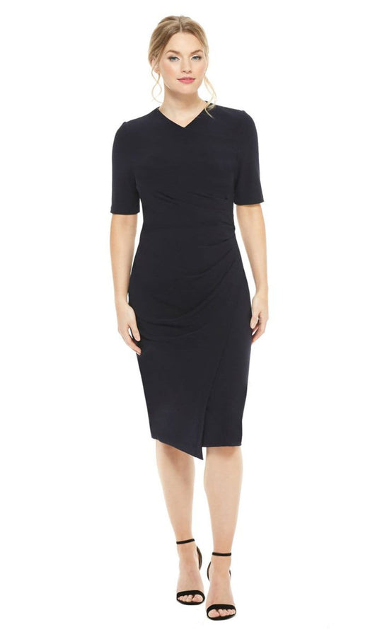 Maggy London - GSN13M Knee Length Draped Sheath Dress Cocktail Dresses 0 / Navy