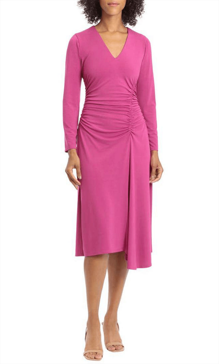 Maggy London GT577M - V-Neck Gathered Waist Formal Dress Special Occasion Dress 0 / Festival Fuchsia