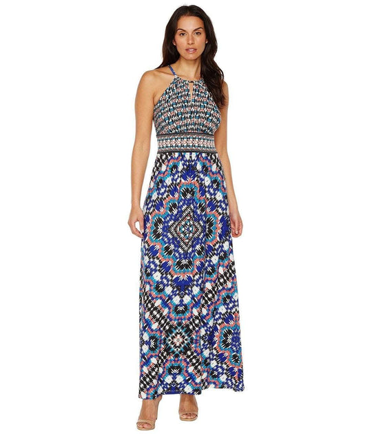 Maggy London T2658MNR Mixed Ikat Keyhole Cutout Halter Maxi Dress CCSALE 6 / White Royal